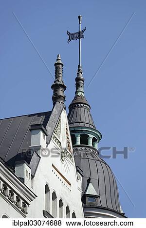"Roof, tower or turret, residential building, Art Nouveau, Helsinki, Uusimaa, Finland, Europe" View Large Photo Image Stock Photo - "Roof, tower or turret, residential building, Art Nouveau, Helsinki, Uusimaa, Finland, Europe". Fotosearch