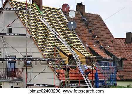 "Roofing of one half of a double house from the 1950s, Eckental, Middle Franconia, Bavaria, Germany, Europe, PublicGround, Europe" View Large Photo Image Stock Photo - "Roofing of one half of a double house from the 1950s, Eckental, Middle Franconia, Bavaria, Germany, Europe, PublicGround, Europe". Fotosearch