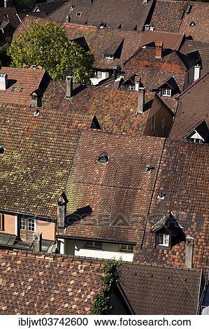 Stock Image - "Roofs of buildings in the historic centre, Laufenburg, Baden-Wurttemberg, Germany, Europe". Fotosearch