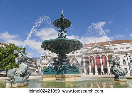 Rossio square, Pedro IV Square, Praca de D Pedro IV, with The National Theatre D Maria II, Teatro Nacional D Maria II, and bronze fountain, Lisboa, Lisbon, Portugal, Europe View Large Photo Image Stock Photo - Rossio square, Pedro IV Square, Praca de D Pedro IV, with The National Theatre D Maria II, Teatro Nacional D Maria II, and bronze fountain, Lisboa, Lisbon, Portugal, Europe. Fotosearch