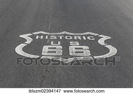 Stock Photo - "Route 66 road marking, Route 66, Barstow, California, USA". Fotosearch
