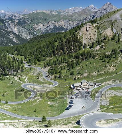 Stock Photo - "Route des Grandes Alpes mountain road at Refuge Napoleon, Cervieres, Provence-Alpes-Cote d'Azur, France, Europe". Fotosearch