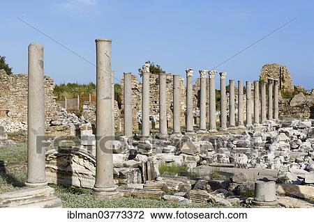 Stock Image - "Row of columns on the agora, ancient city of Side, Pamphylia, Antalya Province, Turkey, Asia". Fotosearch