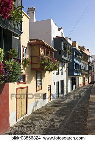 Picture - "Row of houses along the Avenida Maritima, Santa Cruz de La Palma, La Palma, Canary Islands, Spain, Europe". Fotosearch