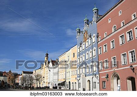 Stock Image - "Row of houses on the market square, Burghausen, Upper Bavaria, Bavaria, Germany, Europe". Fotosearch