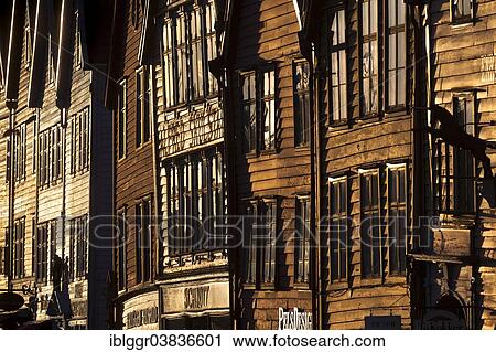Stock Image - "Row of houses, Tyske Bryggen in the evening light, Bergen, Hordaland, Norway, Europe". Fotosearch