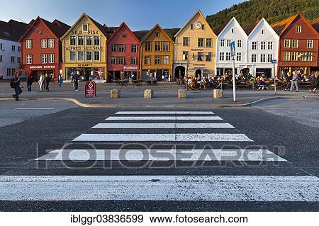 Stock Photo - "Row of houses, Tyske Bryggen in the evening light, Bergen, Hordaland, Norway, Europe". Fotosearch