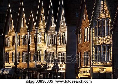 Stock Photography - "Row of houses, Tyske Bryggen in the evening light, Bergen, Hordaland, Norway, Europe". Fotosearch