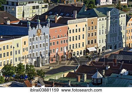 Stock Photo - "Row of houses with City Hall on Stadtplatz square, Burghausen, Upper Bavaria, Bavaria, Germany, Europe". Fotosearch
