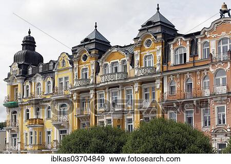 "Row of houses with Gruenderzeit or the Founder Epoch facades, hotels in the spa district, Marianske Lazne, Karlovy Vary Region, Bohemia, Czech Republic, Europe" View Large Photo Image Stock Photo - "Row of houses with Gruenderzeit or the Founder Epoch facades, hotels in the spa district, Marianske Lazne, Karlovy Vary Region, Bohemia, Czech Republic, Europe". Fotosearch
