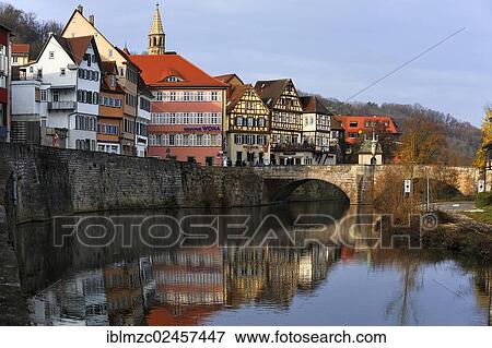 "Row of old houses along the bank wall of the Kocher River, Mauerstrasse, Schwaebisch Hall, Baden-Wuerttemberg, Germany, Europe, PublicGround, Europe" View Large Photo Image Stock Photo - "Row of old houses along the bank wall of the Kocher River, Mauerstrasse, Schwaebisch Hall, Baden-Wuerttemberg, Germany, Europe, PublicGround, Europe". Fotosearch
