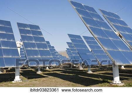 "Rows of solar panels, so-called heliostats, generating energy at a solar energy field in the Tabernas Desert, Almeria province, Andalucia, Spain, Europe" View Large Photo Image Stock Image - "Rows of solar panels, so-called heliostats, generating energy at a solar energy field in the Tabernas Desert, Almeria province, Andalucia, Spain, Europe". Fotosearch