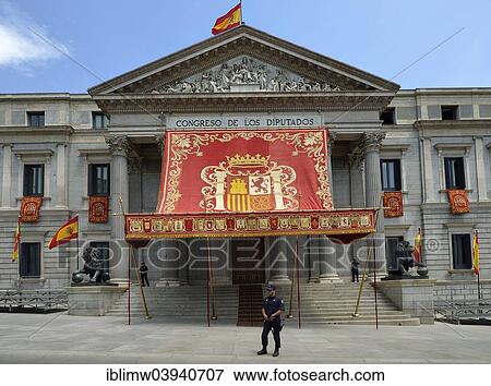 Stock Photo - "Royal canopy in front of parliament building in honor of the coronation of King Felipe VI, Congress of Deputies, part of the Cortes Generales parliament, Madrid, Spain, Europe". Fotosearch