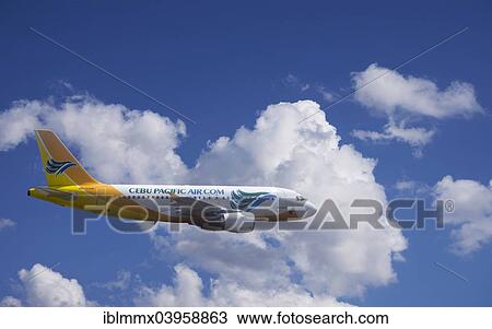 Stock Image - "RP-C 3191 CEBU Pacific Air Airbus A319 in flight, Philippines, Asia". Fotosearch