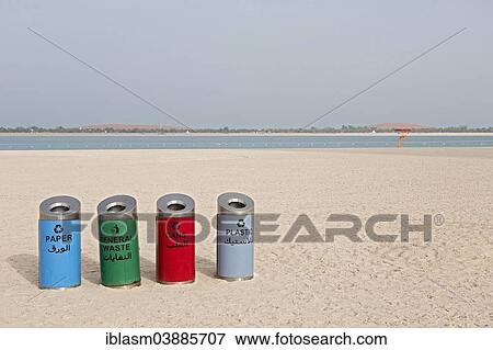 "Rubbish bins for sorting waste on the beach at Corniche Road, Abu Dhabi, United Arab Emirates, Asia" View Large Photo Image Stock Photo - "Rubbish bins for sorting waste on the beach at Corniche Road, Abu Dhabi, United Arab Emirates, Asia". Fotosearch