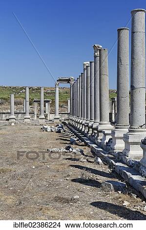 "Ruins and the avenue of columns in the Agora, marketplace in the excavation site in the ancient city of Perge, Aksu, Turkish Riviera, Antalya, Turkey, Asia" View Large Photo Image Picture - "Ruins and the avenue of columns in the Agora, marketplace in the excavation site in the ancient city of Perge, Aksu, Turkish Riviera, Antalya, Turkey, Asia". Fotosearch