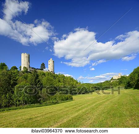 Stock Image - "Ruins of Rudelsburg Castle and Burg Saaleck Castle, near Bad Kosen, Saxony-Anhalt, Germany, Europe". Fotosearch