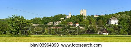 Stock Image - "Ruins of Rudelsburg Castle and Burg Saaleck Castle, near Bad Kosen, Saxony-Anhalt, Germany, Europe". Fotosearch