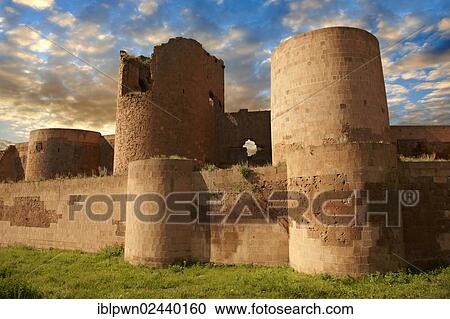 Stock Image - "Ruins of the Armenian city walls, Ani archaelogical site on the Ancient Silk Road, Kars, Anatolia, Turkey, Asia". Fotosearch