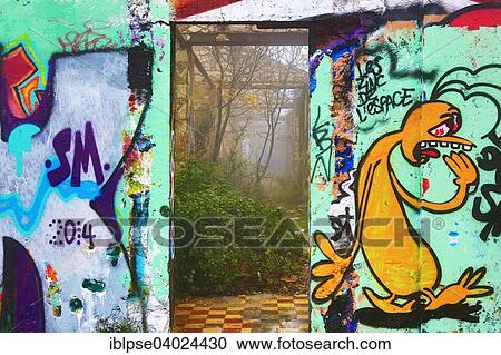 Stock Image - "Ruins of the garrison with graffiti, Tete du Chien, La Turbie, Department Alpes-Maritimes, Provence-Alpes-Cote d'Azur, France, Europe". Fotosearch