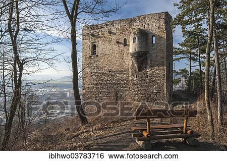 Stock Photograph - "Ruins of the Lobdeburg, wooden bench on the trail, behind Jena-Lobeda and Saale Valley, Jena-Lobeda, Jena, Thuringia, Germany, Europe". Fotosearch