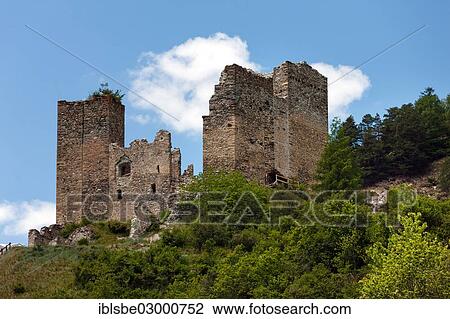 Stock Image - "Ruins of Tschanueff Castle near Ramosch, Val Sinestra, Ramosch, Engadin, Unterengadin,, Canton of Graubunden, Switzerland, Europe". Fotosearch