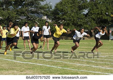 Stock Image - "Running competition at sports day of St George's School, Cape Town, Western Cape, South Africa, Africa". Fotosearch