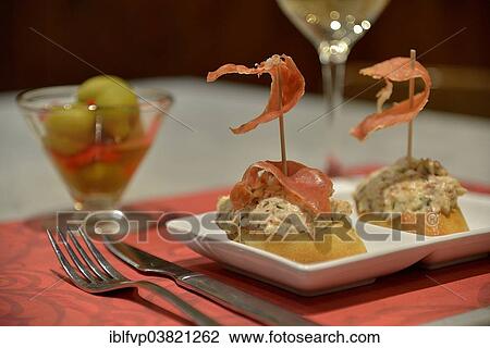 Russian Salad With Iberico Ham On White Bread In A Tapas Bar Palma Mallorca Balearic Islands Spain Europe Stock Image Iblfvp Fotosearch