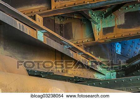 Picture - "Rust and paint on steel girders, underneath the Main-Neckar Bridge, Frankfurt am Main, Hesse, Germany, Europe". Fotosearch