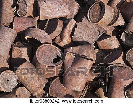 Stock Image - "Rusted cups and tins, ghost town of Rhyolite, Nevada, USA". Fotosearch