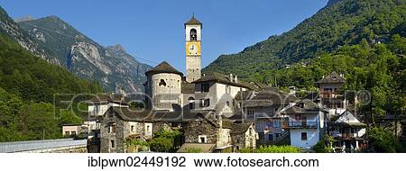 Stock Image - "Rustic mountain village of Lavertezza with stone houses and church, Val Verzasca, Ticino, Alps, Switzerland, Europe". Fotosearch