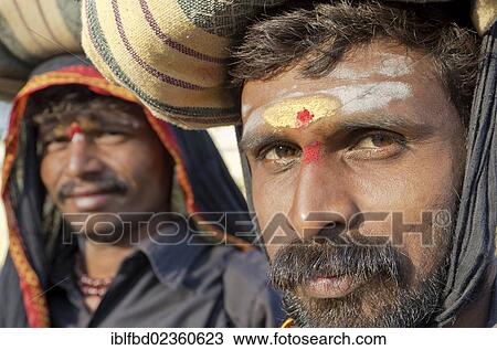 Stock Image - "Sabrimala pilgrims from Karnataka visiting Mysore on their pilgrimage, India, Asia". Fotosearch