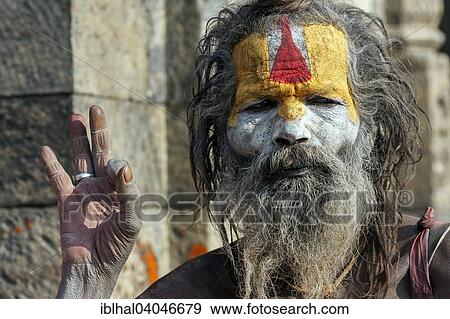 Stock Photo - "Sadhu, painted face, portrait, Pashupatinath, Kathmandu, Nepal, Asia". Fotosearch