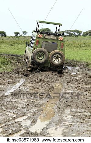 Stock Photo - "Safari vehicle, mud road, Serengeti, Tanzania, Africa". Fotosearch