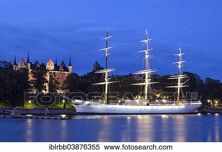 Stock Photography - "Sailing ship Chapman Boat, Youth Hostel, in front of the Amiralitetshuset building, a branch of the Swedish National Museum, on the island of Skeppsholmen, Stockholm, Stockholms lan or Stockholm County, Sweden, Europe". Fotosearch