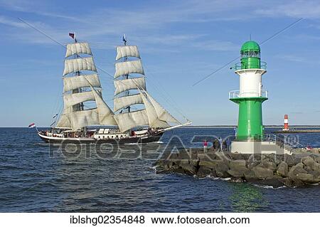 Stock Photo - "Sailing ship """"Mercedes"""" in the Warnow river estuary, Warnemuende, Mecklenburg-Western Pomerania, Germany, Europe". Fotosearch