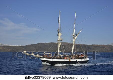 "Sailing ship """"Thalassa"""" in the Caldera, Santorini, Cyclades, Greek Islands, Greece, Europe" View Large Photo Image Stock Photo - "Sailing ship """"Thalassa"""" in the Caldera, Santorini, Cyclades, Greek Islands, Greece, Europe". Fotosearch