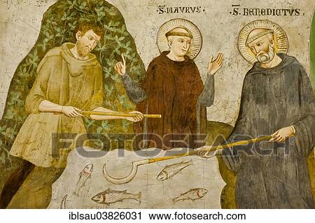 "Saint Benedict of Nursia and Saint Maurus, fish on a table, Umbrian School, fresco, mural, 15th century, Benedictine abbey, monastery of San Benedetto, Sacro Speco, Sacred Grotto, Subiaco, Lazio, Italy, Europe" View Large Photo Image Stock Image - "Saint Benedict of Nursia and Saint Maurus, fish on a table, Umbrian School, fresco, mural, 15th century, Benedictine abbey, monastery of San Benedetto, Sacro Speco, Sacred Grotto, Subiaco, Lazio, Italy, Europe". Fotosearch