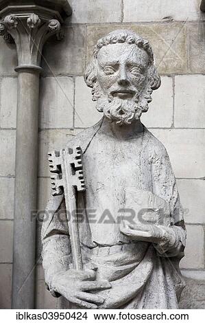 Picture - "Saint Peter with key, sandstone figure on the facade, gothic cathedral of Rouen, Notre Dame Cathedral, Rouen, Seine-Maritime, Upper Normandy, France, Europe". Fotosearch