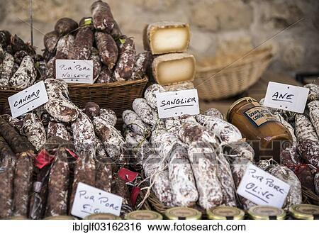 Stock Photograph - "Salami on sale at a market stall, Marktplatz, Greoux-les-Bains, Provence-Alpes-Cote d? ÇÖAzur, France, Europe". Fotosearch