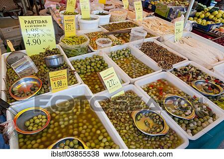 "Sale of olives at the farmer's market in Sineu, Majorca, Balearic Islands, Spain, Europe" View Large Photo Image Stock Photo - "Sale of olives at the farmer's market in Sineu, Majorca, Balearic Islands, Spain, Europe". Fotosearch