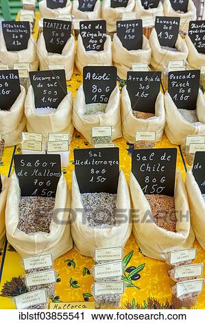 "Sale of salt and spices at the farmer's market in Sineu, Majorca, Balearic Islands, Spain, Europe" View Large Photo Image Stock Image - "Sale of salt and spices at the farmer's market in Sineu, Majorca, Balearic Islands, Spain, Europe". Fotosearch