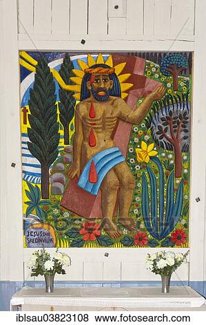 "Sami art, Jesus Christ, colourful wood carving, Sami-Christian altarpiece designed by artist Bror Hjort in the wooden church of Jukkasjarvi, Lapland, Norrbotten County, Sweden, Scandinavia, Europe" View Large Photo Image Stock Photo - "Sami art, Jesus Christ, colourful wood carving, Sami-Christian altarpiece designed by artist Bror Hjort in the wooden church of Jukkasjarvi, Lapland, Norrbotten County, Sweden, Scandinavia, Europe". Fotosearch
