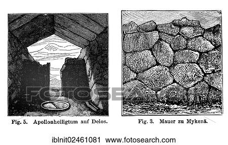 Stock Image - "Sanctuary of Apollo at Delos, wall of Mykena, illustration, Meyers Konversations-Lexikon encyclopedia, 1897". Fotosearch