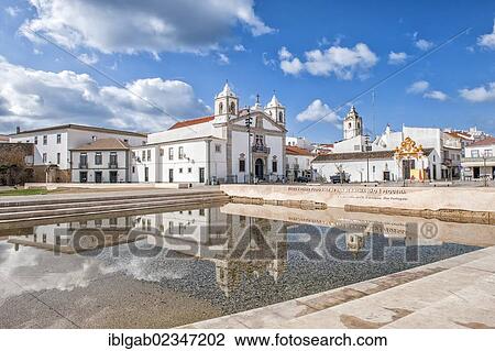 Stock Image - "Santa Maria Church and fountain, Praca da Republica, Lagos, Algarve, Portugal, Europe". Fotosearch