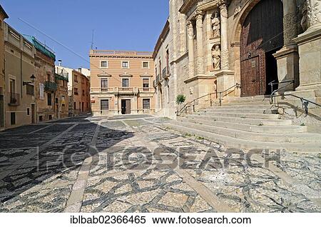 Stock Photography - "Santa Maria church, Plaza de Santa Maria, cobblestones, Montblanc, Tarragona province, Catalonia, Spain, Europe, PublicGround, Europe". Fotosearch