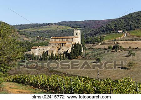 Stock Image - Sant'Antimo Abbey, Castelnuovo del Abate, Montalcino, Tuscany region, province of Siena, Italy, Europe. Fotosearch