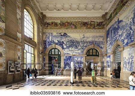 Stock Photograph - "Sao Bento Railway Station, concourse with Azulojos tiles, Porto, District of Porto, Portugal, Europe". Fotosearch