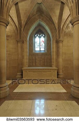 Stock Image - "Sarcophagus of Frederick Henry Prince, crypt, Washington National Cathedral or Cathedral Church of Saint Peter and Saint Paul in the city and Diocese of Washington, Washington DC, District of Columbia, United States, North America". Fotosearch