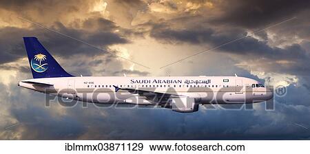 Saudi Arabian Airlines Airbus A320-214 in flight in the evening light View Large Photo Image Stock Photo - Saudi Arabian Airlines Airbus A320-214 in flight in the evening light. Fotosearch